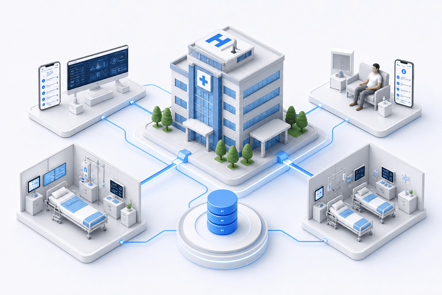 Illustration of a hospital connected with a clinical command centre, home care, an ICU, a ward and a shared data platform