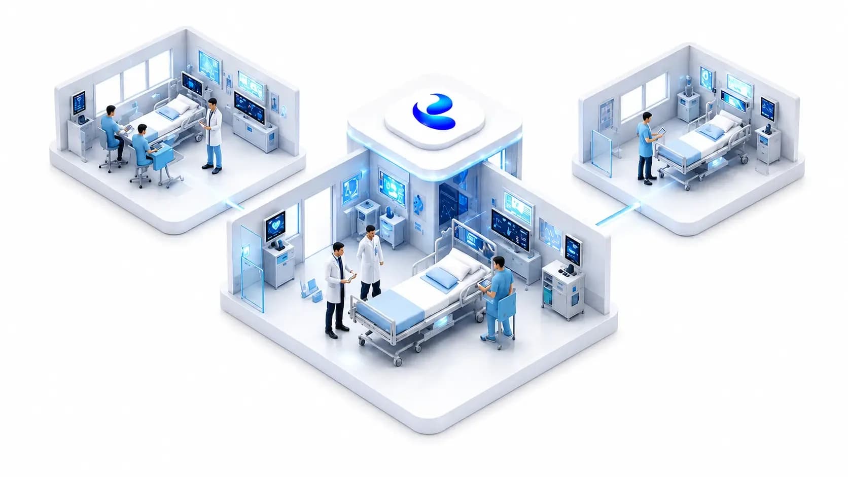 Illustration of clinicians using connected digital systems across three critical-care rooms